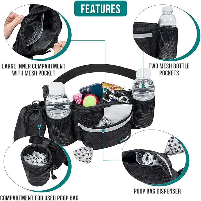 PetAmi Dog Fanny Pack, Treat Pouch for Dog Walking Training, Black | Built in Poop Bag Dispenser, Water Bottle Holder, Collapsible Bowl, Pet Treat Waist Belt for Hiking Running Kibbles - Image 3