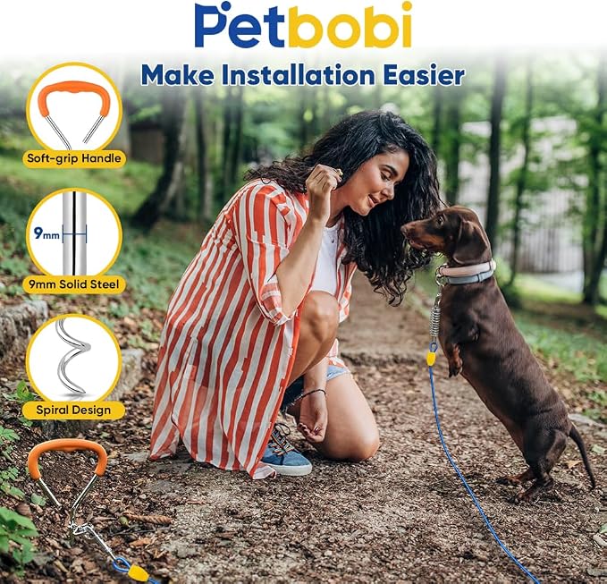 Petbobi Dog Tie Out Cable and Stake, 10ft Heavy Duty Dog Leads for Yard | 4in Shock Spring, 16in Spiral Ground Anchor, 360° No-Tangle Swivel, Chew-Proof Rustproof Wire, Up to 120 lbs, Outdoor Camping - Image 3