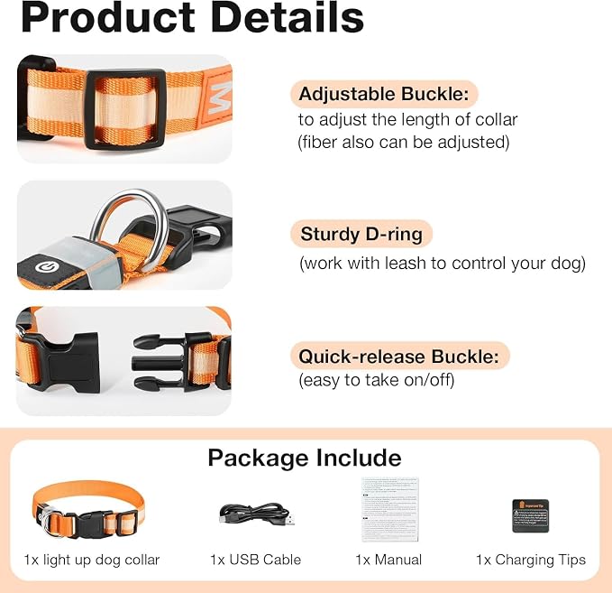 PcEoTllar Light up Dog Collar, for Night Walking, Adjustable, Orange, S | Colorful RGB Light, Waterproof, For Small Medium and Large Dogs, Durable Material, USB to Charge - Image 4