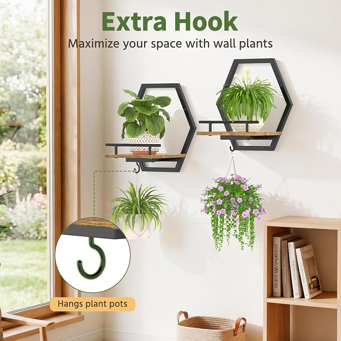 LASZOLA Plant Picture Frame Holder Shelf Wall Window Indoor, 2 Pcs Brown | Modern Floating Flower Hanger Wall Mounted, with Hooks, Metal Planter Hanging Stand Display Decor for Home Bathroom - Image 4