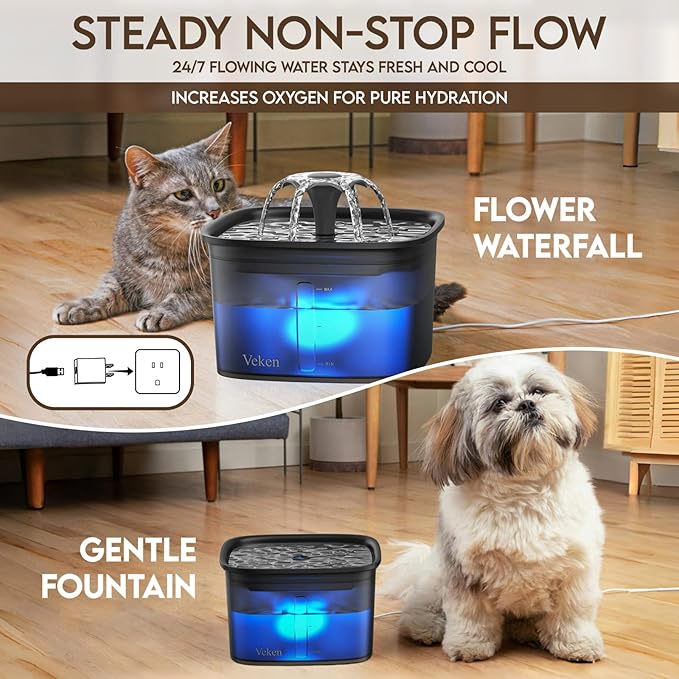 Veken Innovation Award Winner 95oz/2.8L Cat Water Fountain | Automatic Pet Fountain Dog Water Dispenser with Replacement Filters & Silicone Mat for Cats, Dogs (Space Black, Plastic) - Image 2