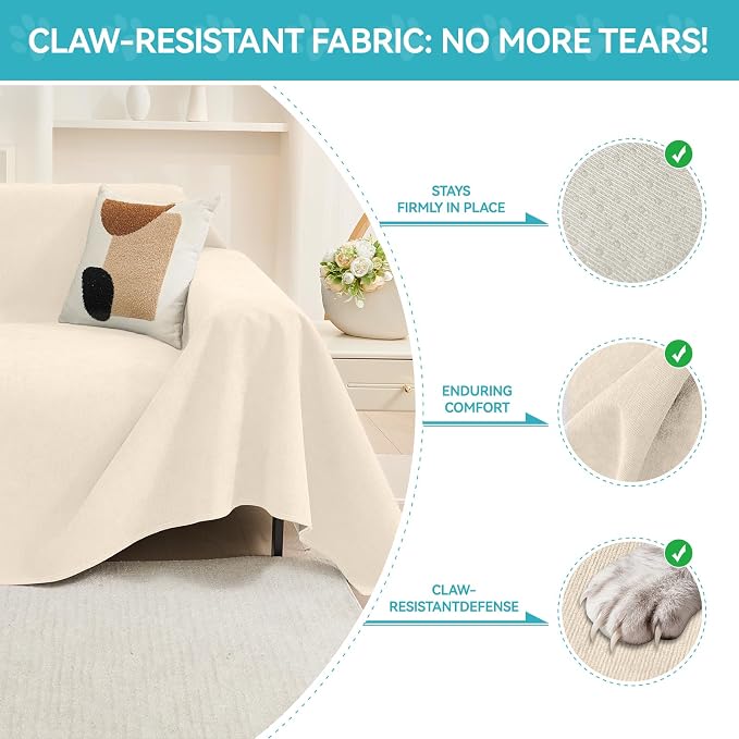 Warmstar Couch Protector from Cat Claws, Waterproof Couch Cover Anti Slip,Couch Cover 3 Cushion Sofa Washable,Anti-Scratch Pet Sofa Cover Heavy Duty,91"X134", Beige - Image 4