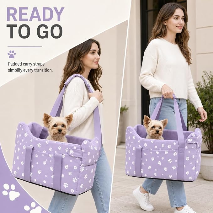 Center Console Dog Car Seat Safe Travel for Small Dogs Under 15 lbs Detachable Washable Pet Carrier with Storage Pockets & Safety Leash (Purple) - Image 3