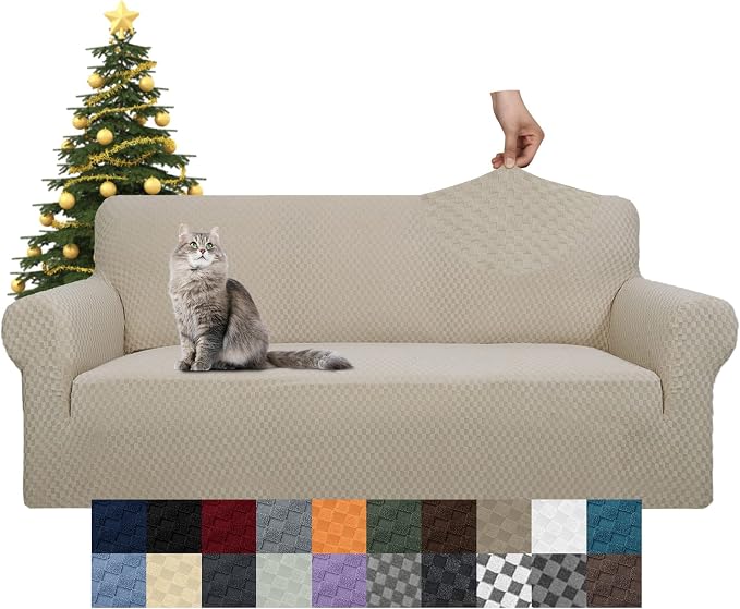 YEMYHOM Couch Cover Latest Jacquard Design High Stretch Sofa Covers for 3 Cushion Couch, Pet Dog Cat Proof Slipcover Non Slip Magic Elastic Furniture Protector (Sofa, Khaki) - Image 8