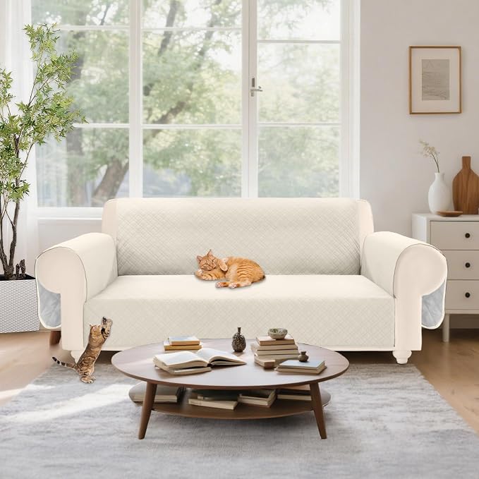 Velvet 100% Waterproof Loveseat Covers Washable Love Seat Couch Covers for 2 Cushion Couch Sofa Pet Friendly Sofa Slipcovers Dogs Furniture Protector with Pockets (Medium-XL, Light Beige) - Image 6