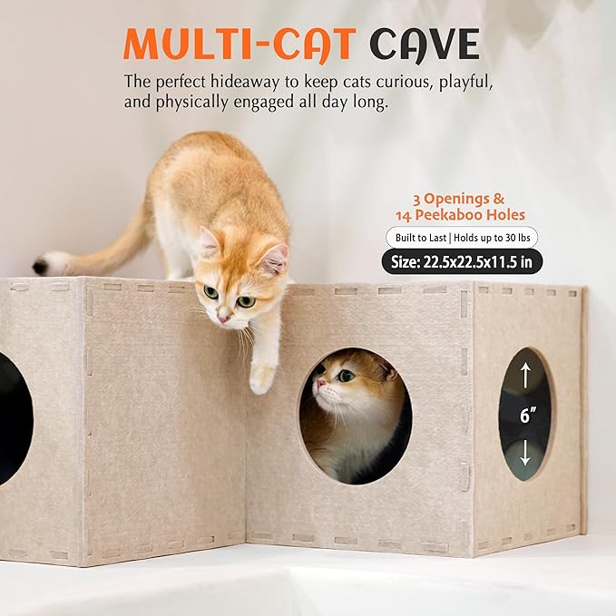 PETKARAY Cat Tunnel, Original Cat Hideaway Cave for Indoor Cats, Large Kitten Play Tubes and Tunnels, Soft Felt Cat Toy with Interactive Peek Hole, Beige L Shape - Image 3