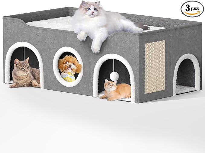 Top Bed Three Rooms Cat Condos,All-in-1 Extra-Wide Cat House for Indoor，Multi Cats Puppy Family, Large Cat Cave for Pet House with Fluffy Ball Hanging and Scratch Pad, Foldable Hideaway by Unknown