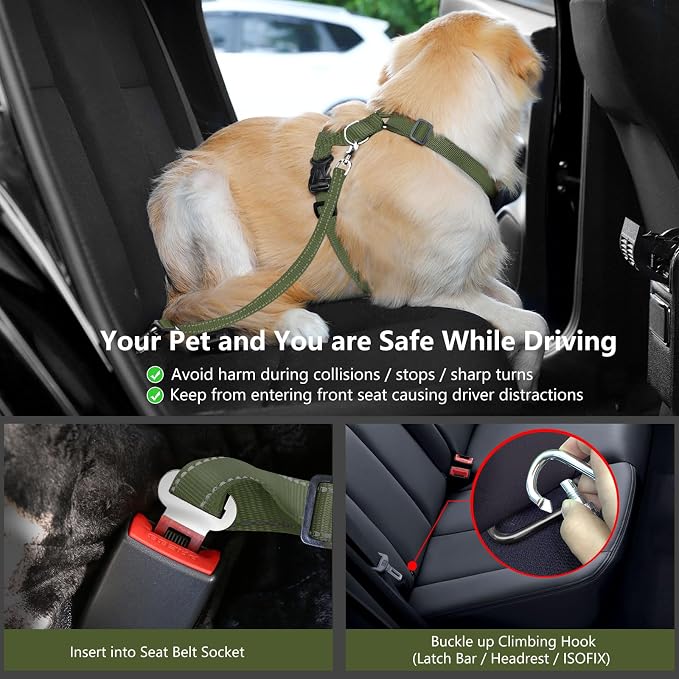 VavoPaw Dog Seat Belt Vest Harness for Car, 2 in 1 Seatbelt Buckle | Breathable Mesh, Adjustable Buckle, Reflective Straps, Heavy Duty Pet Safety Seat Belts for Small Medium Large,Army Green, XL - Image 2