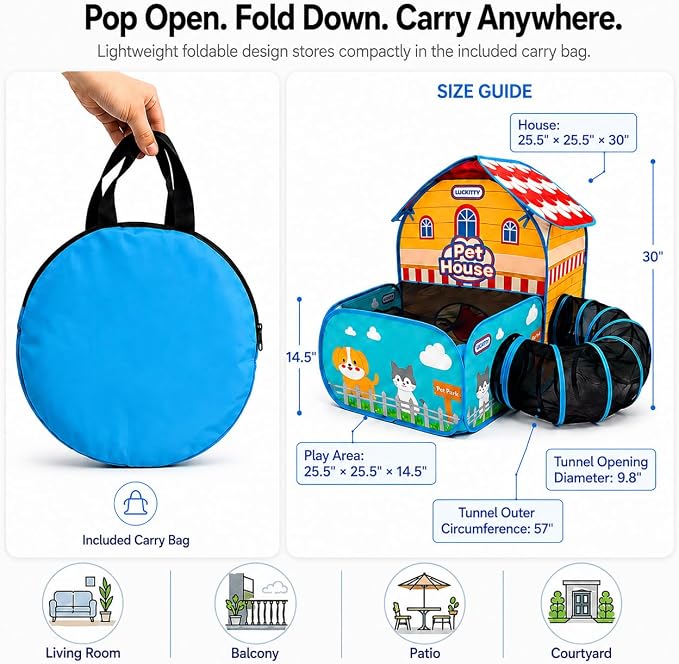 Cute Cartoon Cat Playpen with Tunnel, 3-in-1 Indoor Cat Tent with Separate Rest & Play Zones, Breathable Mesh Covered Top, Foldable Portable Cat Enclosure with Carry Bag - Image 6