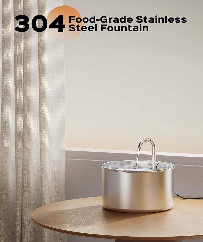Cat Water Fountain Stainless Steel + 6 Filters + 3 Sponges - Pet Water Fountain 24/7 Keep The Water Fresh 74oz Capacity Ultra-Quiet No Sputter Compact Easy to Clean - Image 4