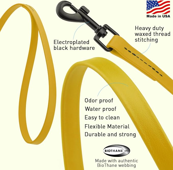 Dogline Biothane Waterproof Dog Leash Strong Coated Nylon Webbing with Black Hardware Odor-Proof Easy to Clean High Performance for Small or Large Dogs Made in USA 4 or 6 ft Lead, Treasure Gold - Image 2