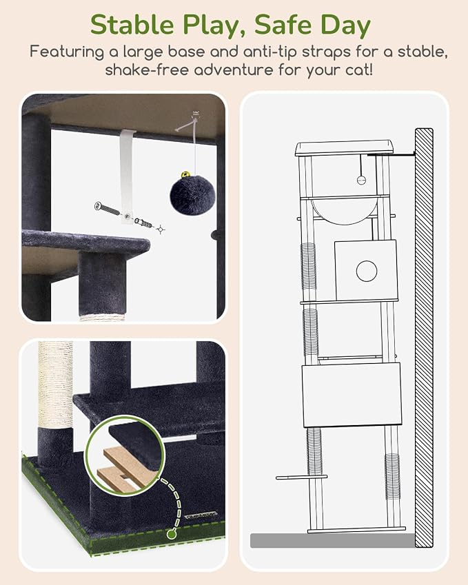 Globlazer 74in Heavy Duty Cat Tree Tower for Indoor Large Cats Adult, S74 | Sturdy Cat Tower with 7 Scratching Posts, 2 Widened Padded Condos for Big Cats, Dual-Ear Baskets, Enlarged Perch, Dark Grey - Image 5