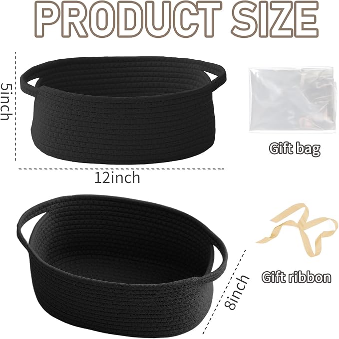 JMvicyroam Small Woven Basket, Empty Gift Basket, Black/3 Pack | Small Gift Basket, Cotton Rope, 12 x 8 x 26 in, Handles, Includes Ribbon and Bag, Birthday Gift Basket - Image 2