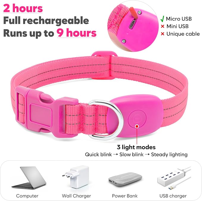 Light Up Dog Collars Rechargeable, Reflective LED Glow Dark Dog Collar for Small Medium Large Dogs, Adjustable Pet Dog Lights for Safe Night Walk-Pink, Large - Image 3