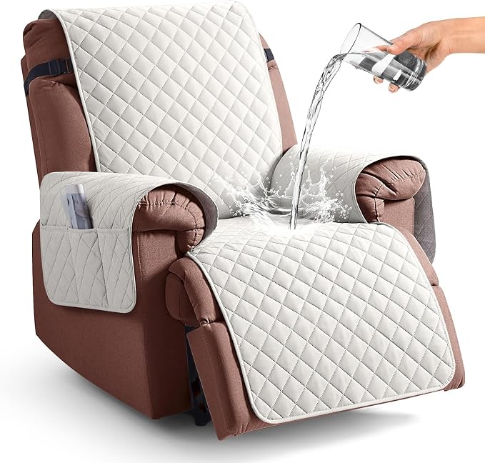KinCam 100% Waterproof Recliner Chair Covers Washable, 30", Beige White | Anti Slip Reclining Couch Covers for Pets Dog, Recliner Sofa Slipcover Storage Pocket, Furniture Protector with Elastic Strap by KinCam