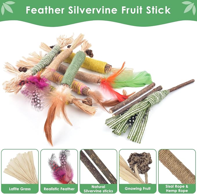 Bissap 16 PCS Silvervine Chew Sticks for Cats, Catnip Chew Sticks Cat Toys for Indoor Cat Kitten Teeth Grinding Interactive Feather Toys for Aggressive Chewers Dental Care - Image 3