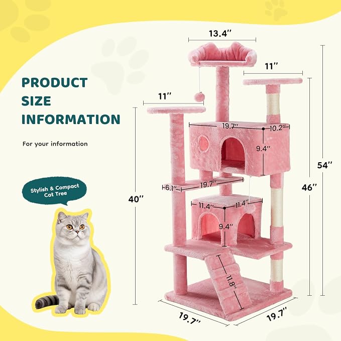 Sweetcrispy 54-inch Cat Tree Tower with Scratching Posts, Indoor Use | Multi Level Indoor Cat Tree Condo with Climbing Ladder, Plush Toy, Play House for Kitten, Pink - Image 6