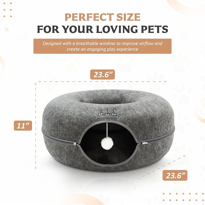 MeowMansion - Indoor Cat Tunnel Bed - Scratch Resistant Peekaboo Cave Donut Shape - Multifunctional Playground, Caves, Toys (Grey) - Image 7