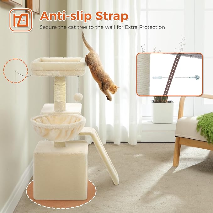 PETEPELA Cactus Cat Tree for Kittens & Small Cats, 32in Cat Tower, Beige | Compact 4-in-1: sisal ramp, cozy hammock, condo & washable top bed; for kittens & small indoor cats - Image 7
