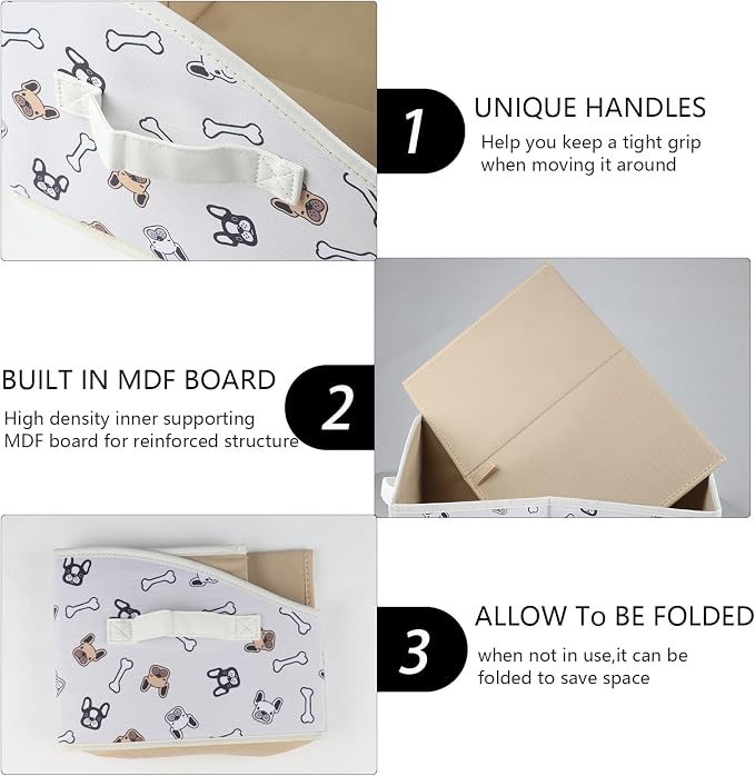 Geyecete Foldable Dog Toy Organizer Boxes - Cloth+Cardboard Trapezoid Storage Box with Handle, Basket for Toys (Beige Dog Head Print) - Image 2