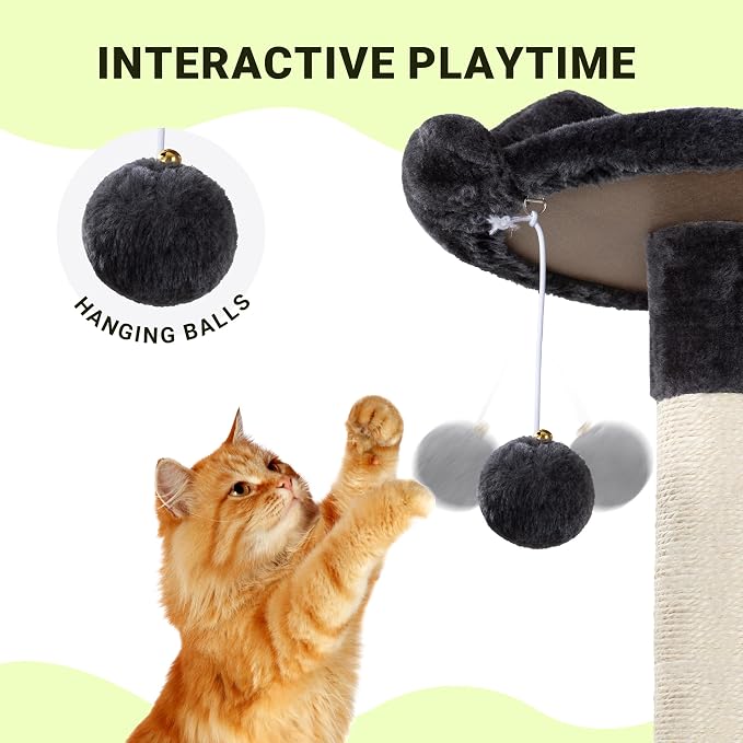 Allewie 64 Inches Multi-Level Cat Tree Tower for Indoor Cats, Dark Grey | Activity Center for Big Felines, 2 Plush Condos, 2 Perches, Cozy Basket, House, Sisal Scratching Posts, Hanging Cat Toys - Image 5