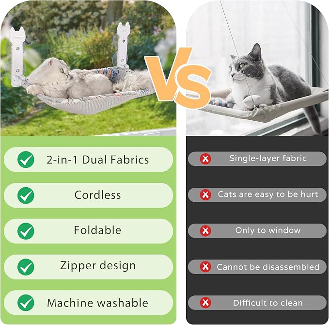 HiPetpy 2-Pack Large Cat Window Perch, Cordless Foldable Cat Hammock | Glow in the dark fabric, removable soft cover, breathable mesh, suction cups, large window cat bed for indoor cats - Image 8