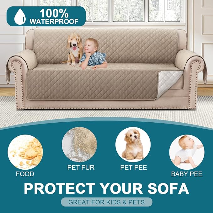 Turquoize 100% Waterproof Sofa Covers Couch Cover Sofa Cover for Dogs Couch Protector Triple Non-Slip Sofa Slipcover for 3 Cushion Couch Furniture Protector for Pets, Kids,Dog (XL Sofa 78", Khaki) - Image 2