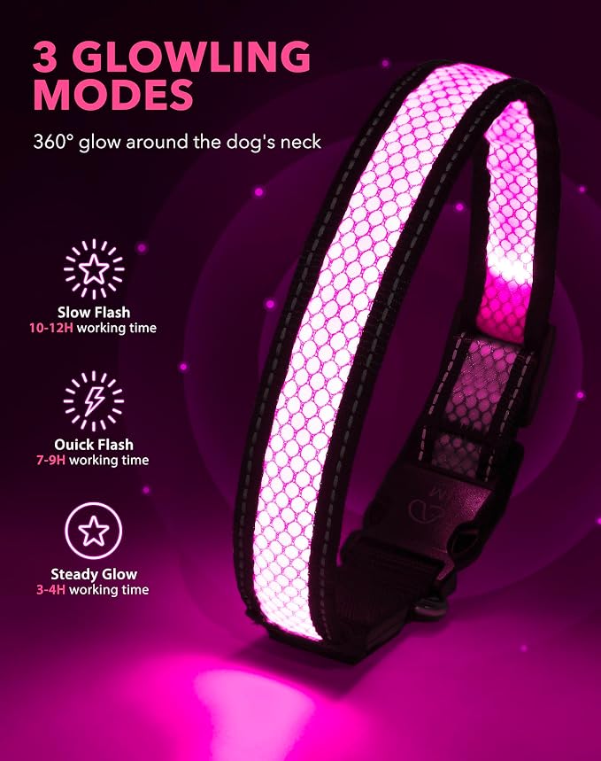 Weesiber Light Up Dog Collar, USB Rechargeable LED Dog Collar Glow in The Dark, Adjustable Reflective Waterproof Dog Collar Light for Night Walking(Pink, M) - Image 4