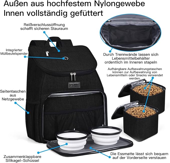 BAGLHER丨Dog Travel Bag, Airline Approved Pet Supplies Backpack, Dog Travel Backpack Accessories Set with 2 Silicone Collapsible Bowls and 2 Food Baskets. Black - Image 4
