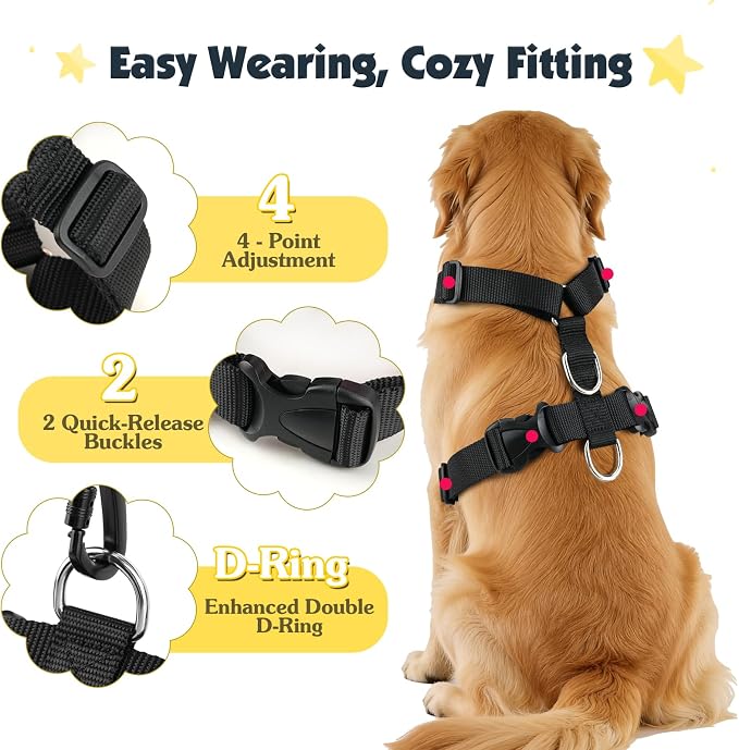Pawaboo Dog Seat Belt Harness for Car, Seatbelt Harness with 2 in 1 Buckle | Adjustable Breathable Harness for Car, Elastic Reflective Heavy Duty Dog Tether, for Small Medium Large Pets, L, Black - Image 5