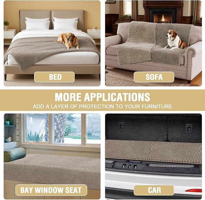 H.VERSAILTEX Plush Chenille Couch Cover for Dogs Pets Blanket for Bed Anti-Slip Soft and Durable Furniture Protector for Small Medium Large Cats Washable (52" x 82", Taupe) - Image 6