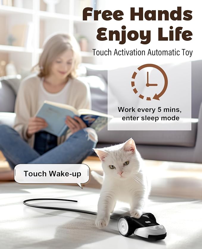CYROS 3-in-1 Interactive Cat Toy - 2-Speed Automatic Moving Mouse Cat Toys Self Play with 2pcs Hanging Feather String Ribbon and Wiggly Silicone Mice Tail for Bored Indoor Adult Cats Kittens - Image 6