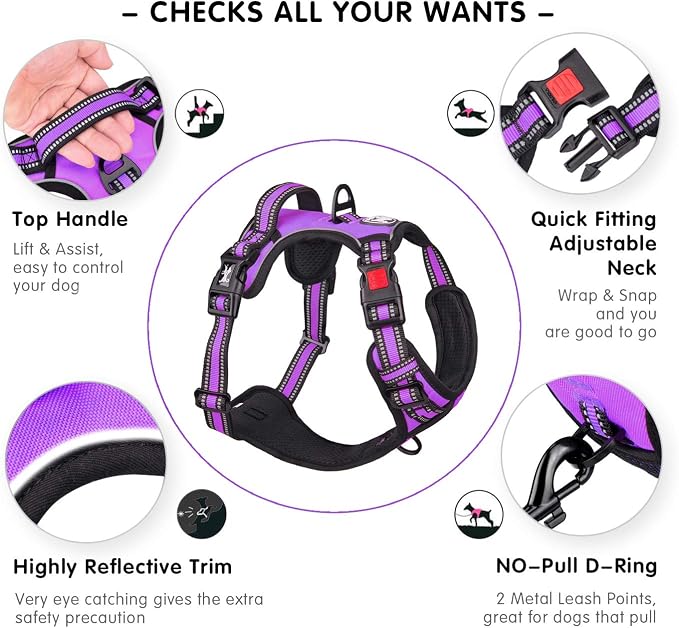 PoyPet Dog Harness Medium, No Pull Vest with Front/Back Clip & Neck Buckle | No Choke, Lockable, Reflective, 2 Lead Rings, Adjustable, Soft Padded Handle for Training Walking, M, Purple - Image 4