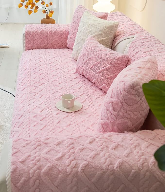 vctops Geometric Jacquard Plush Sofa Couch Covers Farmhouse Neutral Non Slip Sectional Couch Cover Soft Warm Sofa Slipcover for Dogs, Children, Pets Furniture Protector (Pink,43"x63") - Image 4