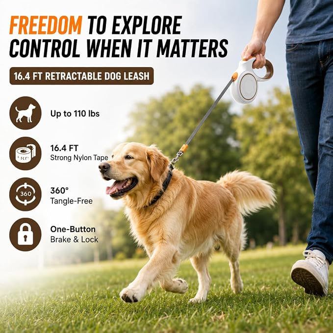 16.4 FT Heavy Duty Retractable Dog Leash for Dogs Up to 110 lbs, Strong Nylon Tape, 360° Tangle-Free Outlet, One-Handed Brake & Lock, Stainless Steel Spring, Comfortable Grip - Image 2