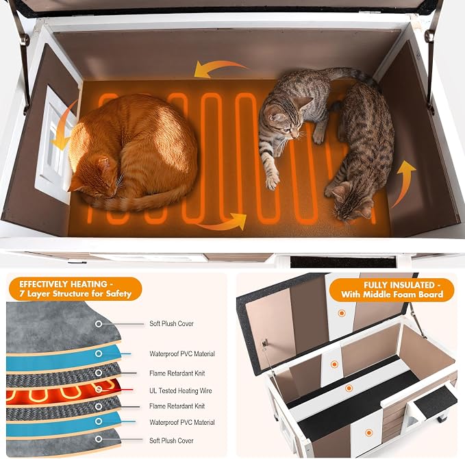 Wooden Heated Cat House for Outside Outdoor Cat House Weatherproof Insulated Feral Cat Shelter with Heater, Built-in Insulated Foam Panel, Elevated Base, Slanting Roof, Large 33.8*20.6*23.8 inches - Image 2