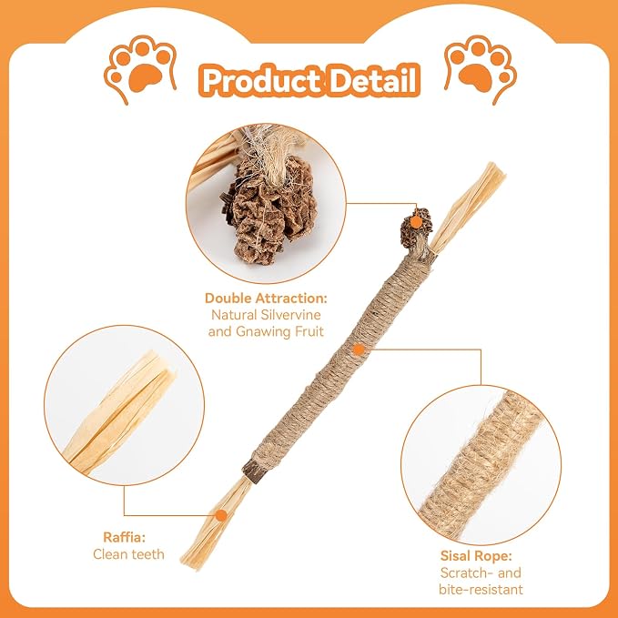 6Pcs Silvervine Sticks for Cats with Catnip Bag, Cat Chew Toys for Teeth Cleaning and Anxiety Relief, Natural Dental Care Kit for Indoor Cats & Kittens - Image 2