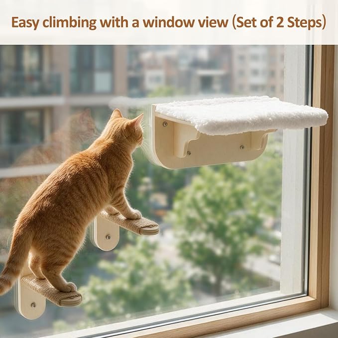 TIMIEEYA Cat Window Perch Sturdy Cat Hammock Window Seat with 2 Wood Steps, Cats Hammock Window 16"x10" Solid Wood Frame, Strong Suction Cups, Washable Cover Mat, Window Bed for Indoor Cats - Image 3