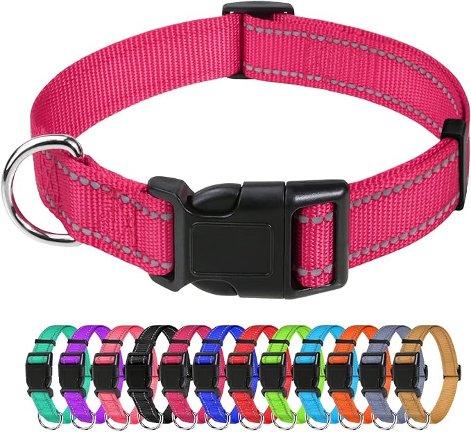 TagME Large Dog Collar, Reflective Nylon Collar, Hot Pink, 1.25" Width | Soft Nylon Dog Collar With Reflective Stitching for Night Walks, Adjustable Fit, Quick-Release Buckle for Easy On & Off by TagME