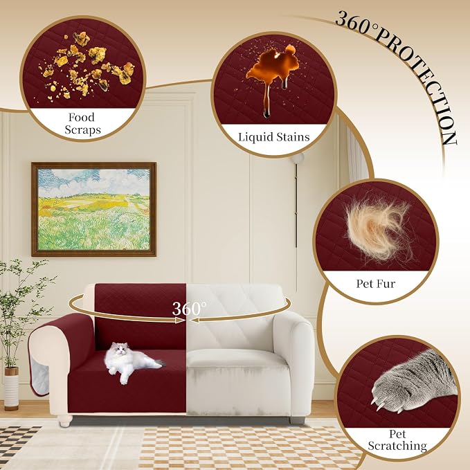 Velvet 100% Waterproof Loveseat Covers Washable Love Seat Couch Covers for 2 Cushion Couch Sofa Pet Friendly Sofa Slipcovers for Dogs Furniture Protector with Pockets (Medium, Wine Red) - Image 5
