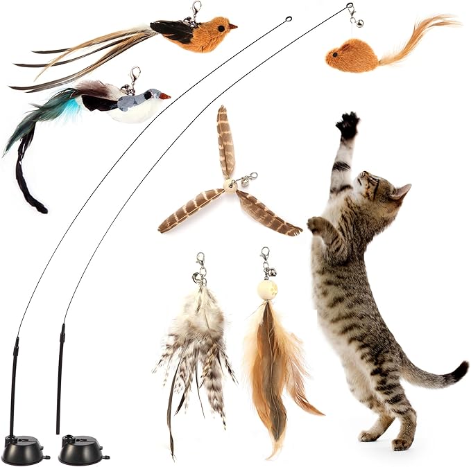 Interactive Bird Simulation Cat Toy Set | Cat Wand Toys,Includes 2 Self-Holding Suction Cup Bases and 6 Detachable Replacement Feather Toys by Maiguangta