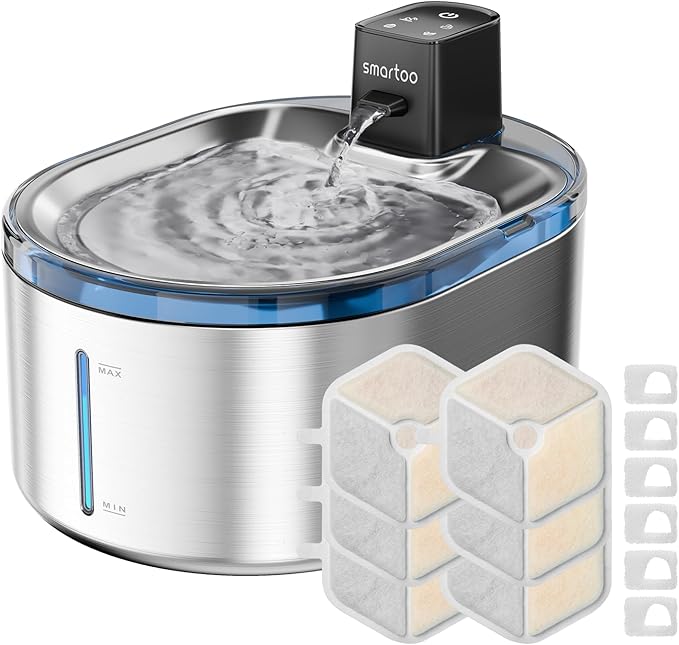 Wireless Cat Water Fountain Stainless Steel,152oz/4.5L Cat Fountain,6Filter | Battery Operated, Motion Sensor, Cordless Pet Water Fountain for Dogs & Cats,Ultra Quiet Pump,Water Fountains for Cats Indoor by smartoo