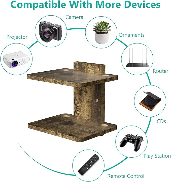 WALI Floating TV Shelf, 2 Tier Projector Shelf for DVD Player, Routers, Game Console, Cable Boxes, Living Room Decor Accessories, Wall Mount Shelves Holds Up to 22lbs(CS202NC), 2-Shelf, Vintage Brown - Image 6