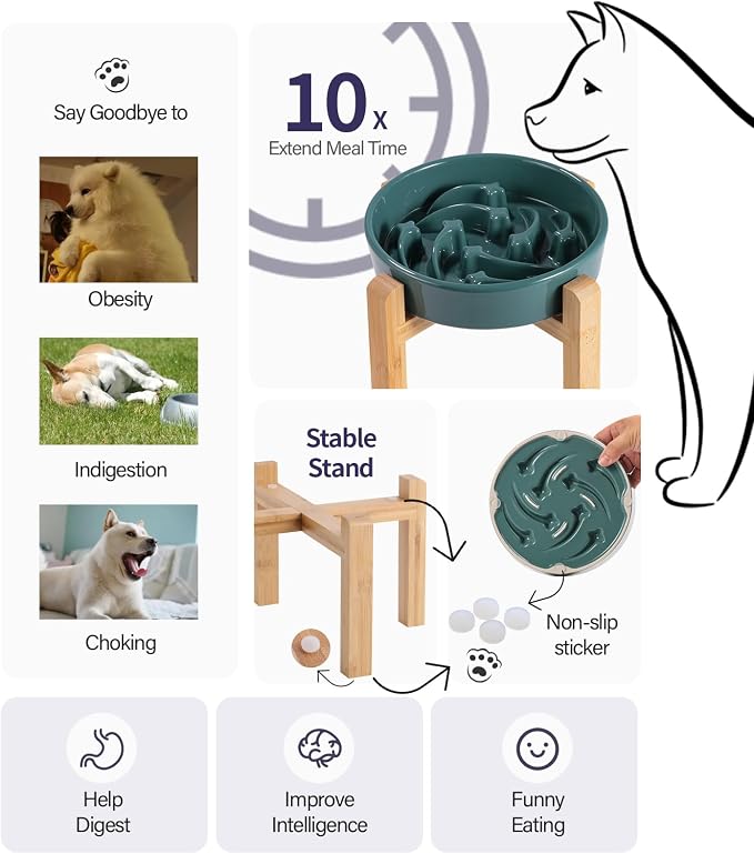 8.26 in Deep Green Dog Bowl Slow Feeder Ceramic for Medium and Large Breed,Elevated/Raised Slow Feeding Dog Food Water Dish Heavy Weighted,Puppy Dish for Fast Eaters,Puzzle Eating Bowl Meteor - Image 3