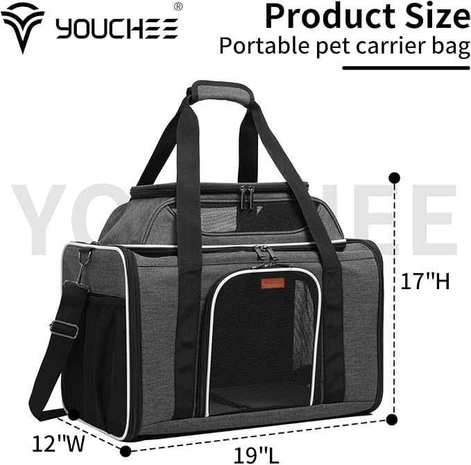 19" Large Pet Carrier for Cats & Small Dogs up to 25 lbs, Airline Approved Soft-Sided Dog Travel Bag, Top Expandable with Breathable Mesh, Washable Liner & Safety Tether. (Grey) - Image 2