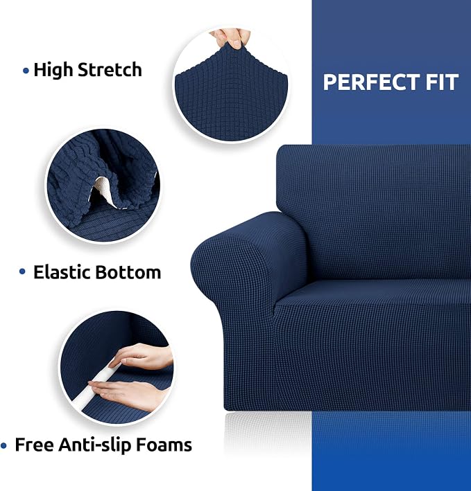 KEKUOU Stretch Oversized Couch Covers for Sofa Slipcover,Navy Blue | 1-Piece Washable Sofa Cover (94"-110") 4-Seater Furniture Protector, Soft Jacquard Non-Slip Elastic Bottom for Dogs & Kids - Image 6