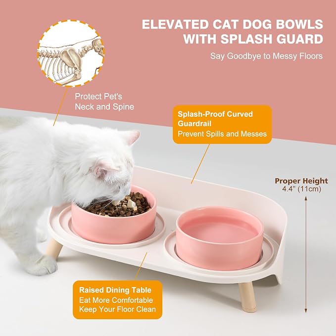 Raised Cat Food and Water Bowl Set - Elevated Ceramic Dishes with Non-Slip Stand and Splash Guard for Small Dogs - 2 x 320 ML (4.9 OZ) - Pink - Image 3