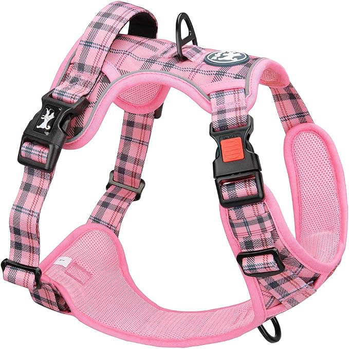 PoyPet Plaid Dog Harness Large, No Pull Vest with Front Clip & Neck Buckle | Padded Handle, Reflective, No Choke, Lockable, 2 Leash Rings, Full Adjustable, for Training Walking, XL, Checkered Pink - Image 2