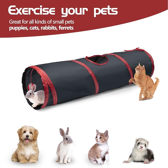 Sheldamy Cat Tunnel, 2-Way Collapsible Play Tunnel, Interactive Toy Maze for Small Animals, Red & Black - Image 5