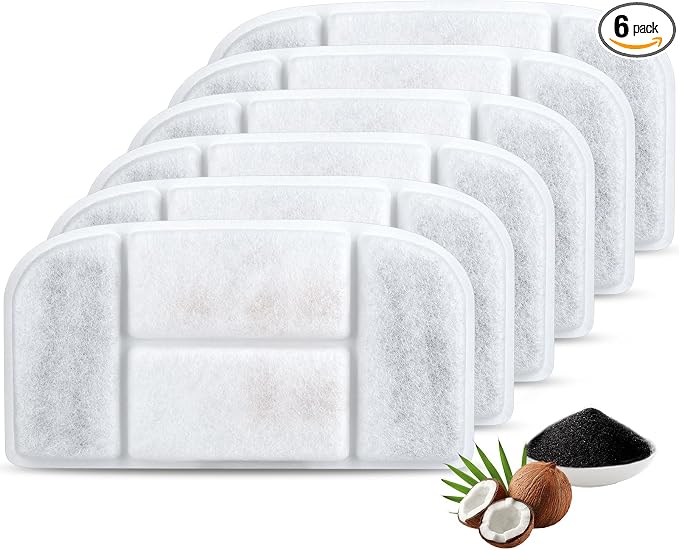 BOORCA 5L Wireless Cat Water Fountain Filters 6 Pieces Triple Filtration System Replacement Filter Fit for 5L Cat Pet Fountain, 6 Filtration System and 2 Pre-Filter Sponges by BOORCA